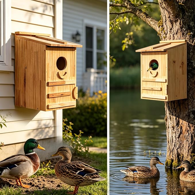 Extra-Large Wood Duck House - Handcrafted Natural Solid Wood Nesting Box for Wood Ducks & Mergansers, Easy Pole Mounting Kit for Pond, Wetland & Backyard