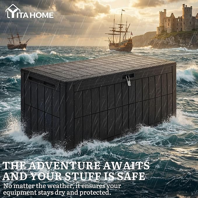 YITAHOME 110 Gallon Outdoor Deck Box, Waterproof Resin Storage Box with Lock, Lockable Patio Furniture Bin, 2-Person Bench Seating for Outdoor Cushions, Garden Tools & Sports/Pool Supplies, Black