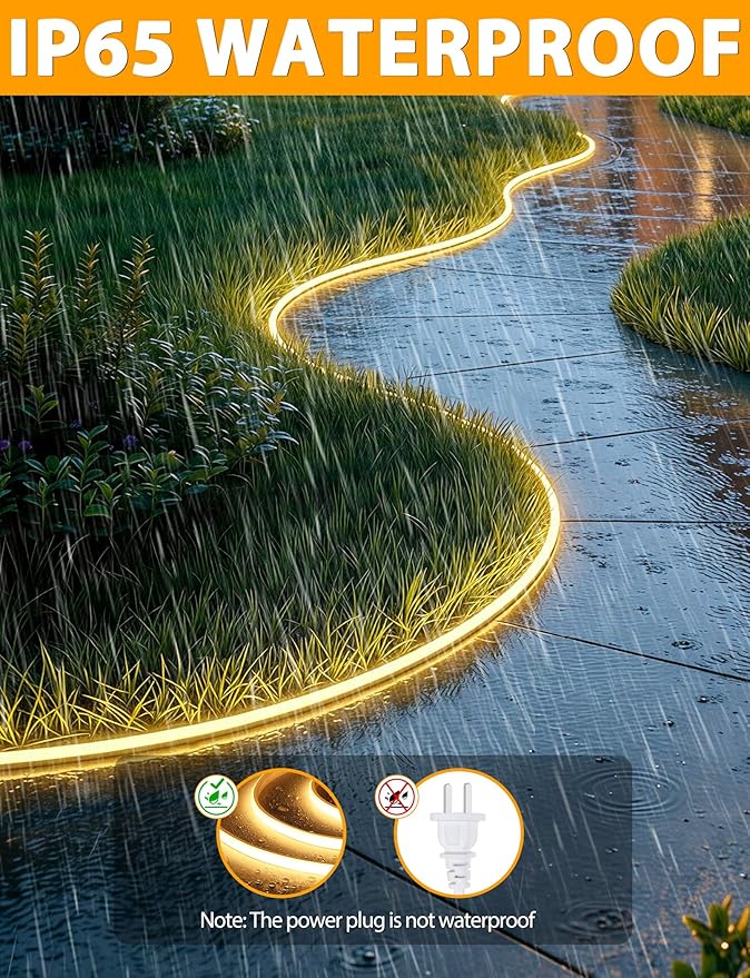 Lamomo COB LED Strip Lights 65.6Ft, Warm White Outdoor Led Rope Light, Waterproof Flexible Silicone Cuttable 3000K Neon Led Lights for Bedroom Garden Commerica Holiday Decor, CRI90+, AC 120V