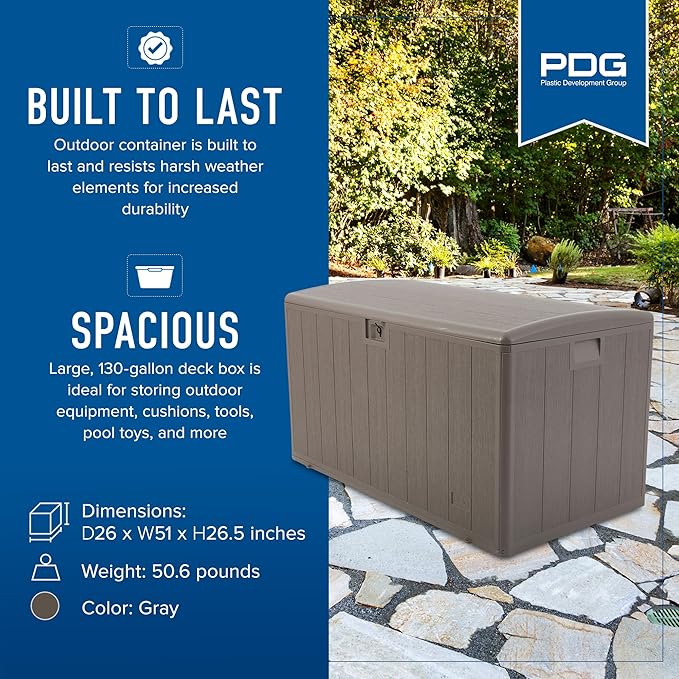 Plastic Development Group Outdoor Storage Deck Box, Soft Closure, 130 Gallon, Driftwood