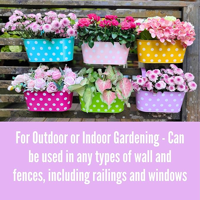 LaLaGreen Rail Planter (17 Inch, 6 Pack) Colorful Polka Dot Hanging Flower Pots Railing Fence Balcony Gardening for Apartment Patio Planters Iron Garden Outdoor Deck Decoration Porch Decor
