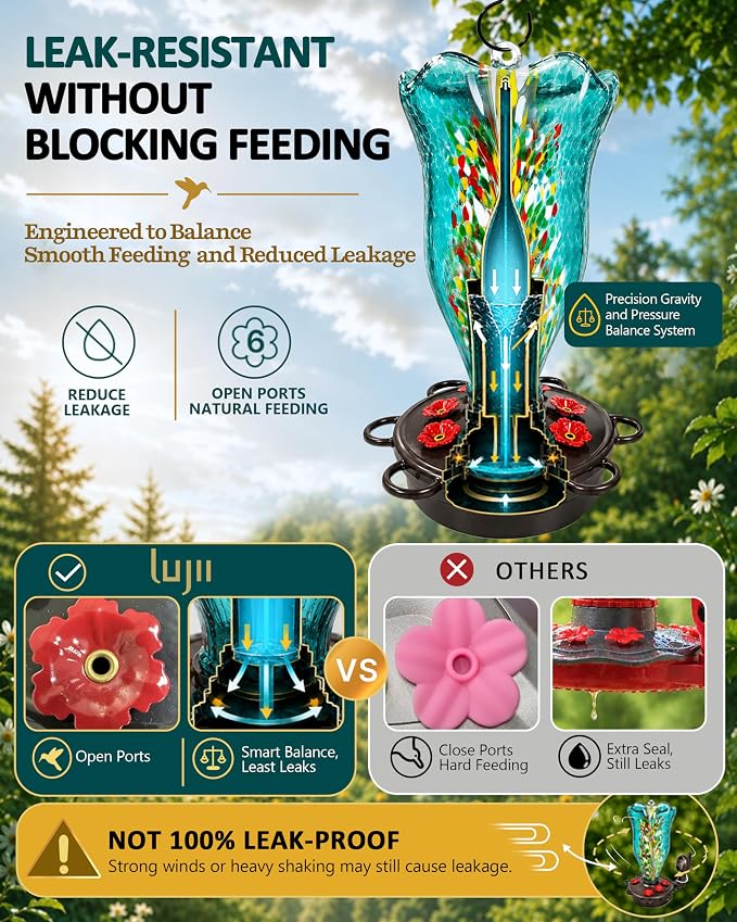 LUJII Smart Hummingbird Feeder with Camera for Outdoor Hanging, Hand Blown Glass, Solar WiFi Feeder with Live View App, 6 Feeding Ports, Leak-Resistant Design, Ant Moat & Gift Box, 32 fl oz, Teal