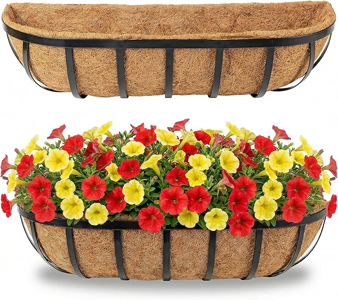 24" Railing Planter with Adjustable Brackets, Window Box with Coco Liner, Hanging Flower Metal Box for Indoor Outdoor, Balcony Deck Fence Porch Patio, Black, Set of 2
