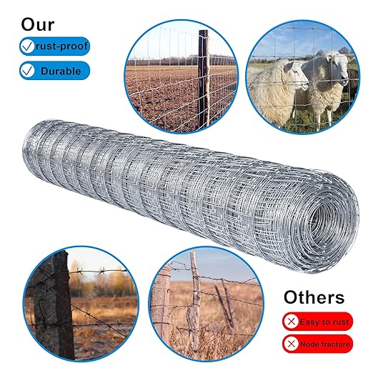Farm Fence 6ft. x 100ft Galvanized Field Wire Fencing,Heavy Zinc Coating Cattle,Deer,Goat,Hog Wire Fence for Yard Garden & Animals Protection