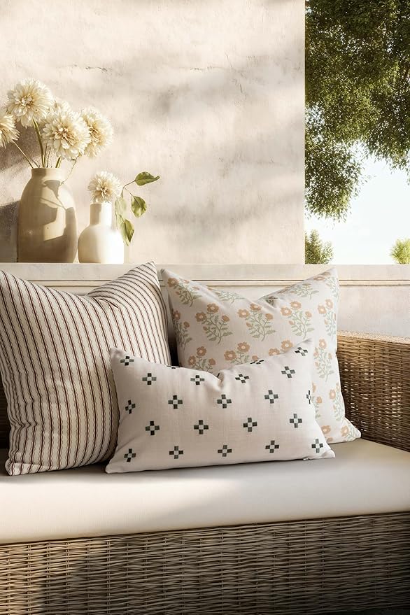 Crumbs Home Modern Farmhouse California Casual Indoor Outdoor Throw Pillow Cover, 20"x20" Water Repellent for Patio, Backyard, Couch, Poolside, Ivory Cream Tan Green Print Block Painting Flowers