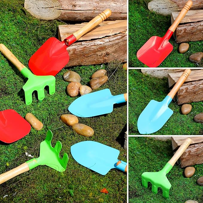 Liliful 60 Pcs Kids Gardening Tools Set Garden Rake Garden Shovel Gardener Trowel Green Tote Bags Metal Mini Gardening Tools with Wooden Handle Beach Sandbox Toy for Planting Loosening Digging