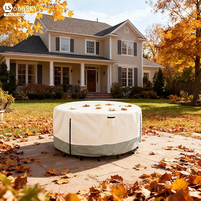 48 inch Round Patio Table Cover,600D Heavy Duty Outdoor Furniture Covers Waterproof,Round Patio Table for Patio Furniture Covers,48" Dia x 28" H Beige