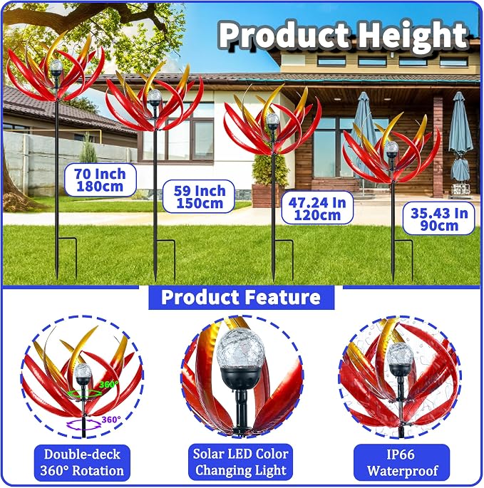 Wind Spinners Outdoor for Yard and Garden - Wind Sculptures & Spinners - 70 Inch Wind Spinner with Solar Powered Multi-Color Glass Ball Light for Yard Garden Backyard Lawn Decorations