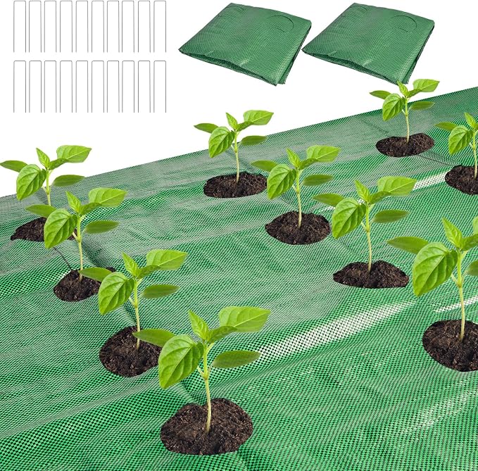 2PCS Green Weed Barrier Landscape Fabric, 33 x 3.3 Ft Garden Weed Barrier Fabric Heavy Duty with Planting Holes,Ground Cover Weed Barrier Weed Cloth & 20 U-Shaped Ground Nail For Weed Control