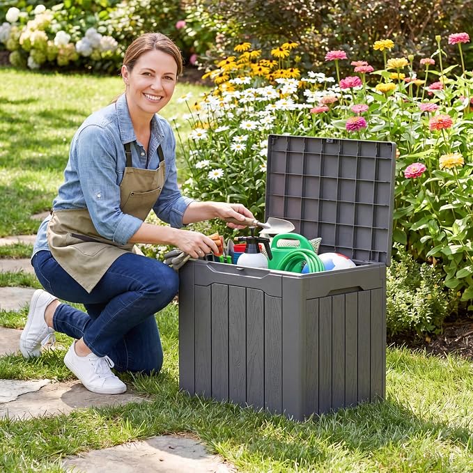 Flamaker Deck Box 30 Gallon, Waterproof Resin Small Storage Box with Lid, Outdoor Patio Furniture Cushion Garden Tool Organizer, Lockable Package Delivery Box for Porch Balcony (Gray)