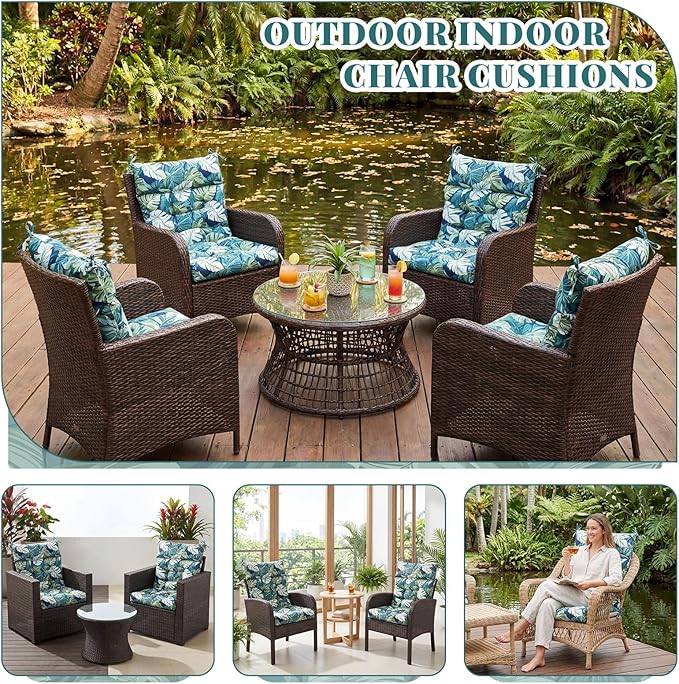 Sintuff 4 Pcs 44 x 21 x 4 Patio Chair Cushions Outdoor Chair Cushion Seat/Back Tufted Pillow with Ties Water Resistant Replacement Indoor Patio Furniture Outdoor Furniture (Leaves,Green)