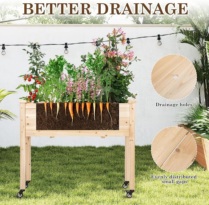 Raised Garden Bed with Lockable Wheels, 40x24x32 inch Elevated Wood Planter with Protective Liner for Vegetable Flower Herb Outdoor Balcony Patio Backyard, Natural