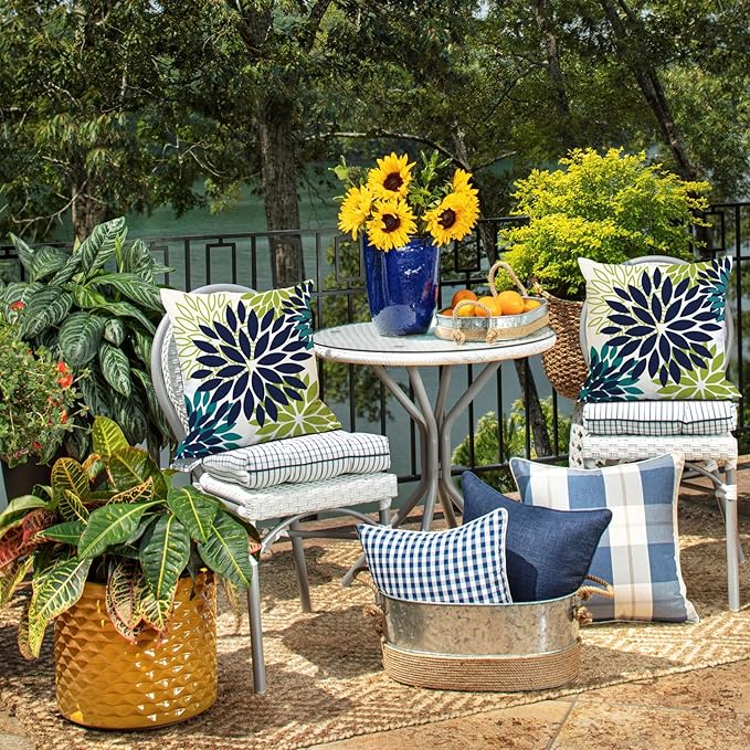 DFXSZ Navy Blue Flower Pillow Covers 16x16 Inch Set of 2 White Gray Colored Throw Pillows Outdoor Waterproof Decor for Living Room Sofa Patio Funiture Garden Floral Polyester Pillow Covers 002P16