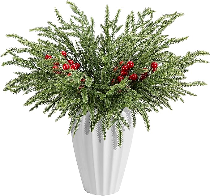 Watayo 45 Pcs Christmas Norfolk Pine Branches with Red Berry Stems, 14" Artificial Greenery Norfolk Pine Stems Sprigs, Fake Foliage Pine Needles Picks for DIY Craft Garland Home Decoration