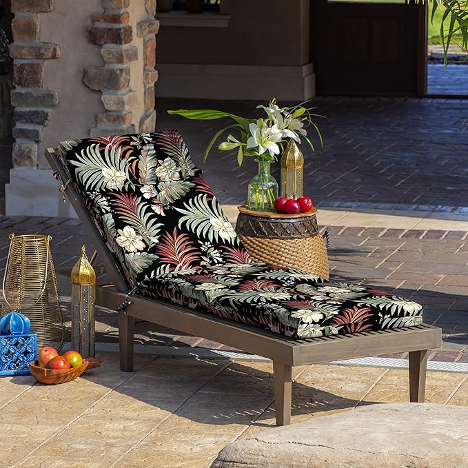 Arden Outdoor Chaise Cushion, 21 in x 72 in, Weather-Proof, Rain-Proof, Fade Resistant Patio Cushion for Chaise Lounger Simone Black Tropical