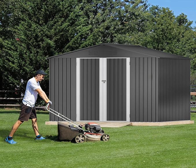 DWVO 10x8ft Outdoor Storage Shed, Large Metal Tool Sheds, Heavy Duty Storage House with Lockable Doors & Air Vent for Backyard Patio Lawn to Store Bikes, Tools, Lawnmowers, Dark Gray
