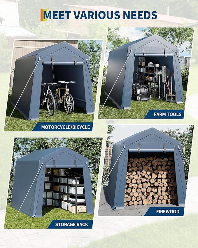 6X6 ft Heavy-Duty Portable Motorcycle Storage Shed with Roll-Up Door & Vent, 220g Waterproof PE Tarp & UV Protection, Motorcycle Shed for Motorcycles, Firewood, Garden Tools - Gray