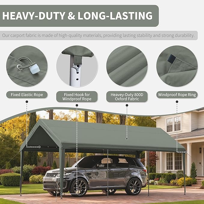 Carport Replacement Canopy Cover 12'x20' for Tent Top Garage Shelter Cover, 800D Heavy Duty Oxford Waterproof & UV Protected Car Canopy Tarp with Ball Bungees (Frame is not Included)