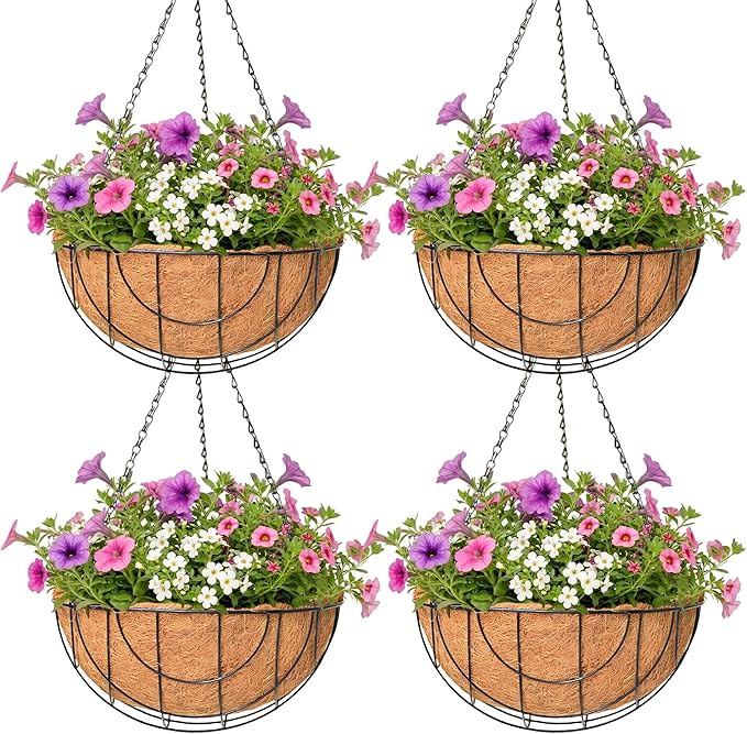4 Pack Hanging Planter for Outdoor Plants 12 inch Metal Hanging Flower Basket with Coco Coir Liner Round Wire Plant Holder Chain Flower Pots Outdoor Garden Decoration Watering Hanging Baskets（DQ）