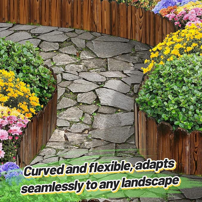 Rustic Pine Wood Landscape Edging - 23.6ft Total Length (2Pcs 11.8ft L x 8in H) Garden Fence Border, Easy to Install Sturdy Wooden Planter Fencing for Yard Flower Bed Lawns Pathway Tree