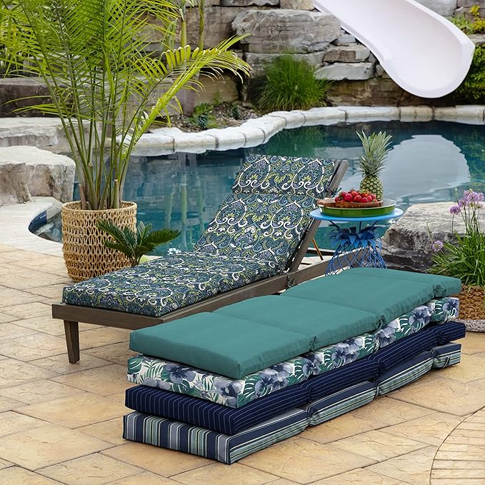 Arden Outdoor Chaise Cushion, 21 in x 72 in, Weather-Proof, Rain-Proof, Fade Resistant Patio Cushion for Chaise Lounger Sapphire Aurora Blue Damask