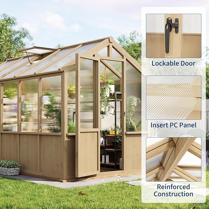 6x10 FT Greenhouse - Large Wooden Greenhouses for Outdoors, Heavy Duty Spruce Frame Greenhouse with PC Panels, Adjustable Roof Vents & Lockable Door, Walk-in Green Houses for Garden, Backyard, Patio