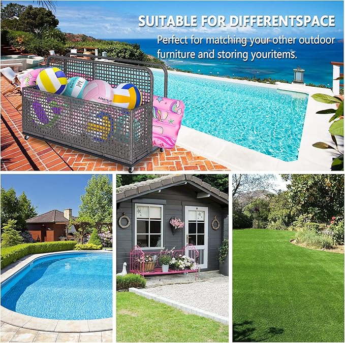 GlowSol Outdoor Storage Basket, 43.3" x 22.5" x 28.7" Poolside Float Storage, All-Weather PE Rattan Pool Float Caddy With Wheels, for Patio, Poolside, Backyard, Floaties, Life Vests, Beach Balls