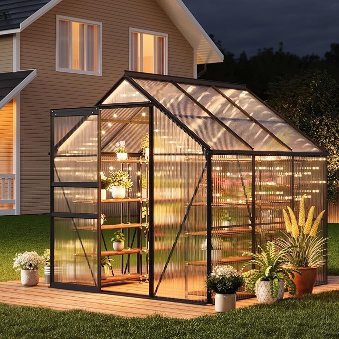 6x6FT Greenhouse for Outdoors, Walk-in Polycarbonate Greenhouse with Sliding Door, Adjustable Roof Vent & Gutter System, Portable Outdoor Green House Kit for Winter Gardening
