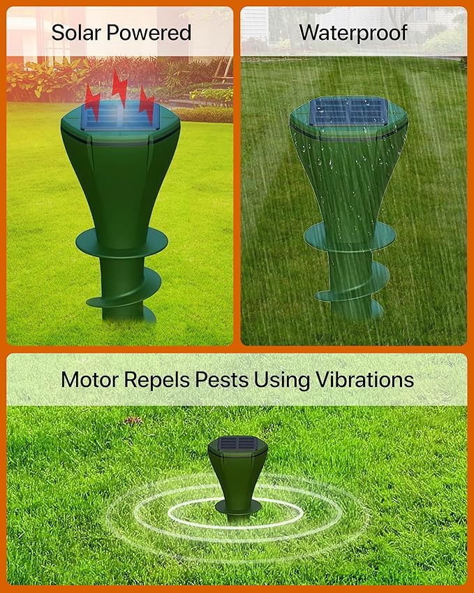 Solar Pest Repeller Stakes (4 Pack) – Outdoor Garden and Lawn Ground Stakes Rodent Deterrent for Moles, Gophers, Snakes and Burrowing Pests