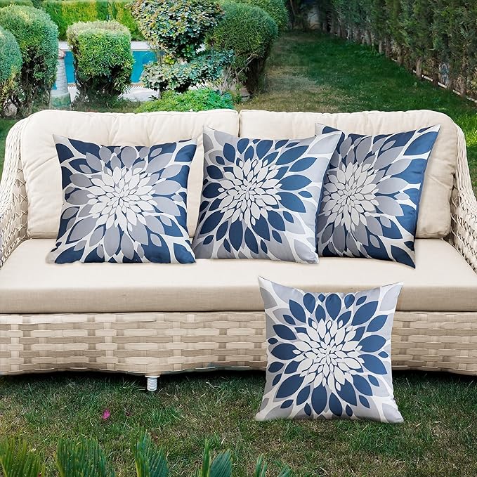 Qahing Pack of 4 Outdoor Waterproof Pillow Covers 22x22 Decorative Outdoor Throw Pillows Garden Square Cases for Patio Furniture, Couch, Tent Sunbrella, Bench, Blue Grey