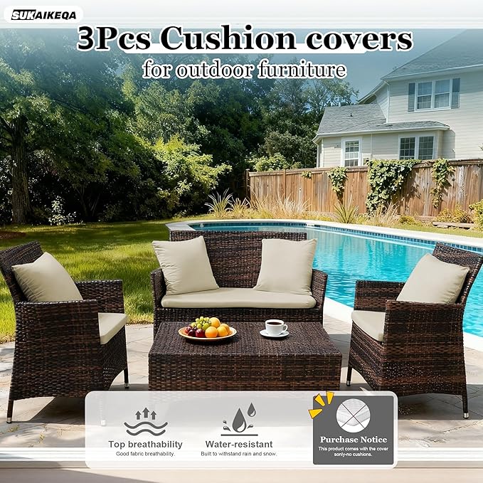 Waterproof 3-Piece Patio Sofa Cushion Cover Set - Replacement Covers for Outdoor Wicker Furniture, Bench & Seat Cushions with 4pcs Throw Pillow Cover