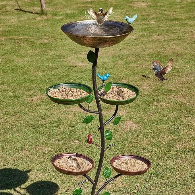 HLQMFHT 44.5" H Bird Baths for Outdoors with Metal Stakes, Standing Bird Baths with 4 Metal Bird Feeder Trays, for Garden Yard Decor