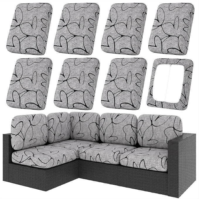 hyha 8Pcs Patio Cushion Covers, Stretch Outdoor Couch Cushion Covers, Washable Outdoor Chair/Sofa Slipcovers for Patio Furniture Cushions Protector with Elastic Bottom(Plain Art,Cover Only)
