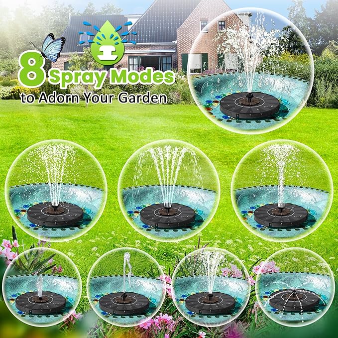 SZMP Solar Fountain 2026 Upgrade, Solar-Powered Bird Bath Fountain with 4 Fixed Rods & 7 Nozzles for Garden, Pond, Pool, and Patio – No Battery Required, Attracts Hummingbirds & Wildlife