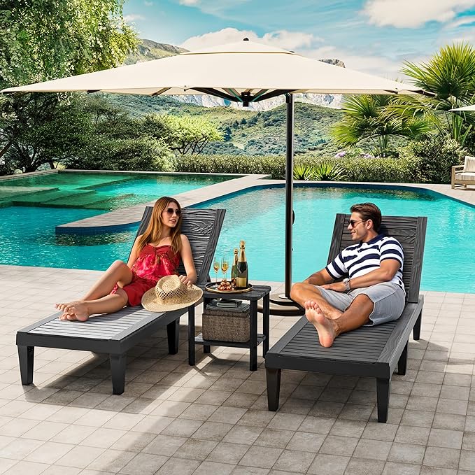 Outdoor Chaise Lounges Set of 2, NUNU LAB 5-Position Adjustable Patio Recliners with All-Weather Resin, Sun Loungers for Deck, Garden, Beach, Pool Sunbathing (Grain Black) (Black Wood Grain, Set of 2)