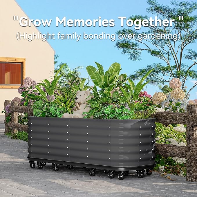 GarveeHome Self-Watering Wheeled Metal Garden Bed – Mobile Raised Planter Box with Water, Galvanized Steel Indoor/Outdoor Rolling Grow Station for Herbs, Veggies & Decor （94.5 in x23.6 in x19.7,Gray