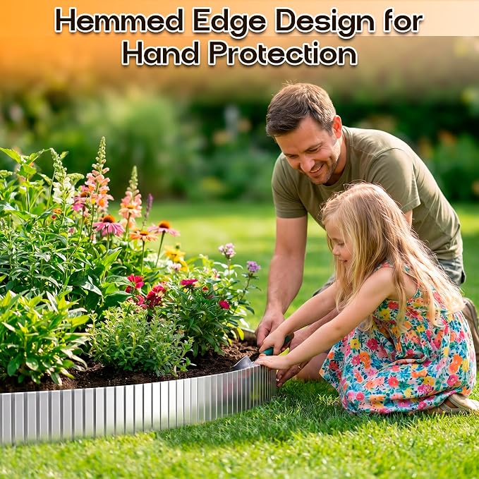 MTART Metal Garden Edging for Landscaping, Sturdy Corrugated Edging Border for DIY Flower Bed, Lawn and Landscape Edging (Silver, 12"×20Ft)