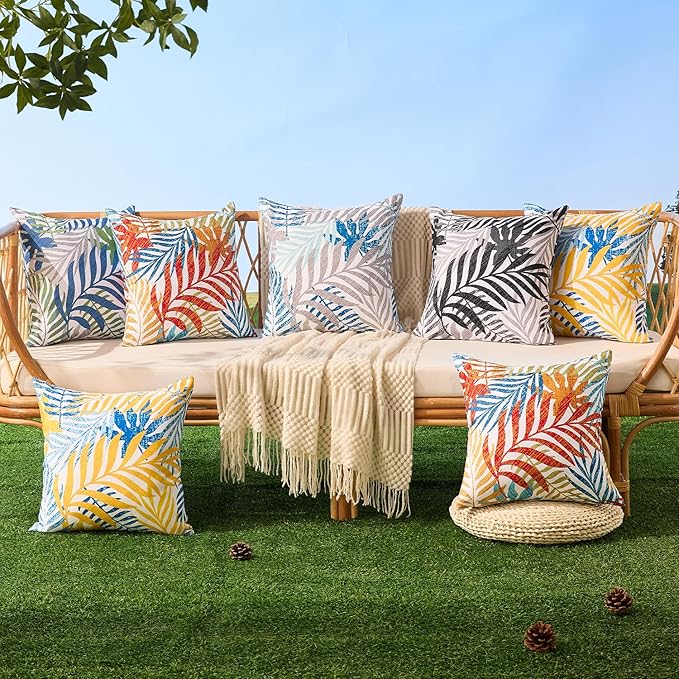 Allorry Outdoor Pillow Covers 20x20 Set of 2 Hawaii Tropics Palm Leaves Blue Red Floral Pattern Decoration Pillow Covers for Spring Summer Outdoor Waterproof Garden Patio Sofa Bed Decor JB010-A20