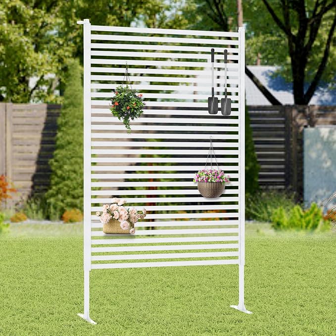 Outdoor Privacy Screen with Stand, Rustproof Metal Fence Panel, 35.43’’ x 71’’ PE-Coated Steel Slats, Decorative Privacy Fence for Patio, Garden, Backyard, Trash Can, White(1 Panel)