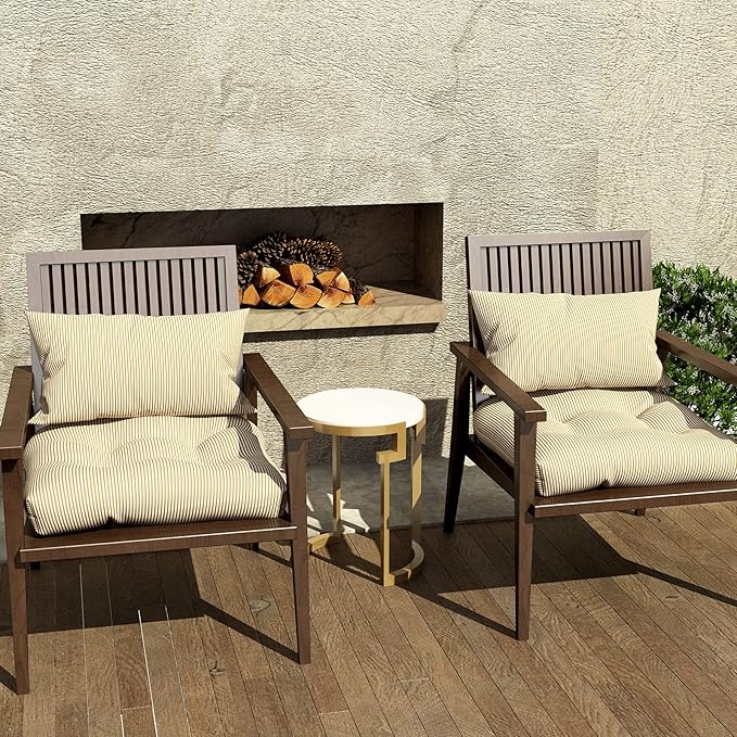 LVTXIII Outdoor Seat Cushions Seasonal Tufted Chair Cushions, Patio Chair Pads for Dining Chairs, Office Armchairs and Garden Furniture Decoration (Round Back, 19”x19”x4”, Stripe Beige, 2 Pack)