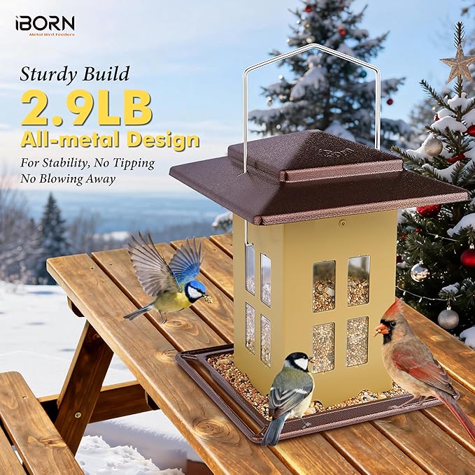 iBorn Bird Feeders for Outdoors, Metal Bird Feeder, Wild Bird Feeders for Cardinal, 2.4LBS Capacity,18cm Large Roof, Lantern Style, Black (Muted Yellow)