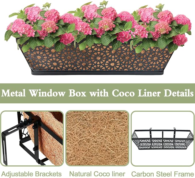 Black Metal Railing Planter Window Box (4 Pack, 24 Inch) Horse Trough Planter with Coco Fiber Liner Deck Balcony Rail Planter for Porch Fence Patio Outdoor Garden Décor