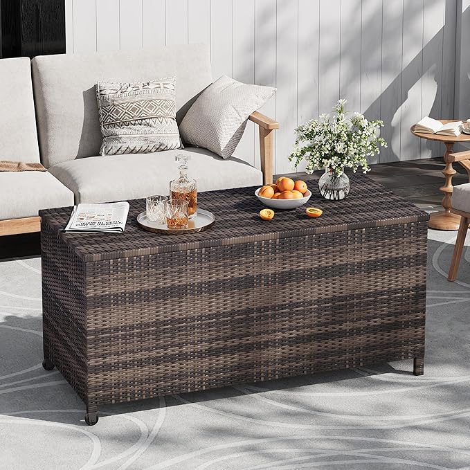 125-Gallon Outdoor Deck Box with Wheels, Waterproof PE Rattan & Aluminum Frame Storage Bin, Lockable Patio Furniture Chest for Cushions, Garden Tools, Pool Toys, Brown