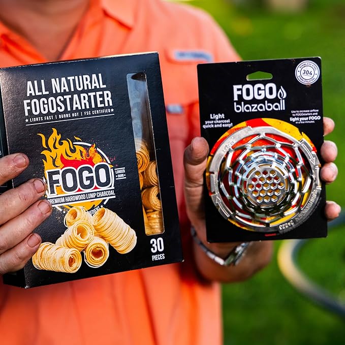 FOGO Premium Hardwood Natural Large Sized Lump Charcoal 17.6 Pound Bag, Fogostarters Natural Fire Starters and Blazaball Bundle