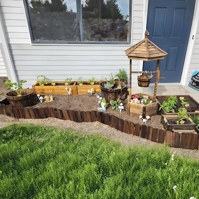 Mulctun Wood Garden Edging - 5.9" H X 47" L Sturdy Wooden Landscape Edging, Small Flower Bed Edging Borders, Decorative Wooden Garden Fence for Yard Flower Bed Lawns Pathway Tree (4 Packs)