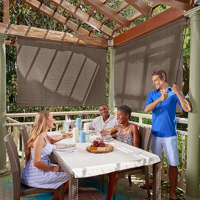 Coolaroo Outdoor Roller Shade with Wand - 90% UV Block Breathable Light Filtering Shade for Patio or Porch, Fade-Resistant, Mold-Resistant Easy-Clean Fabric, 4ft x 6ft, Mocha
