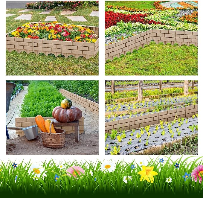 Landical 12 Pcs Imitation Stone Garden Fence, Faux Stone Retaining Wall Look Garden Bricks Border with Ground Stakes, 17.3 x 12.6 in Gray Plastic Edging Blocks for Flower Beds, Lawn, Mulch (Yellow)