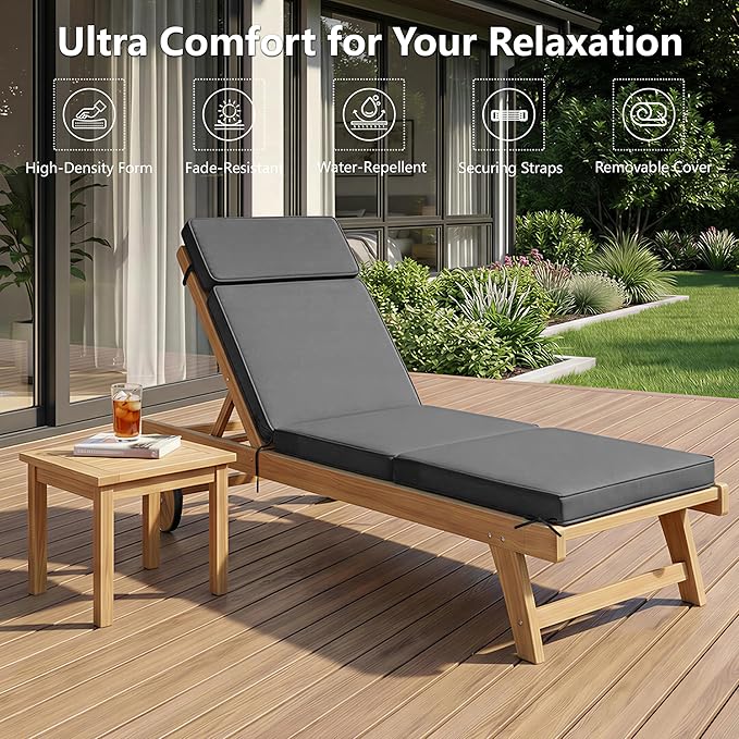 80 x 26 Inch Outdoor Chaise Lounge Cushion - Removable Cover, 4-Section Design, Water-Repellent & Fade-Resistant, 6 Tie Straps, Replacement for Patio & Pool Chairs - Dark Grey