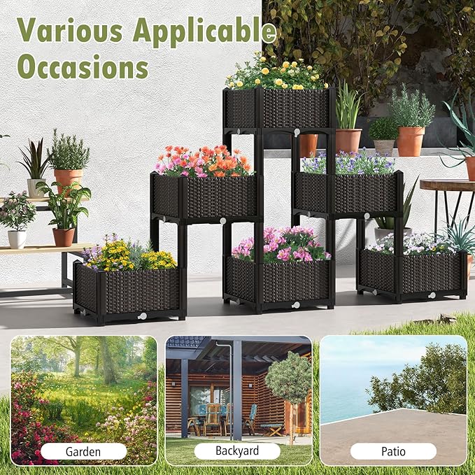 HAPPYGRILL Outdoor Raised Garden Bed, 6 Raised Planter Box with Removable Legs & Brackets, Self-Watering System, Drainage Holes, Raised Beds for Gardening, Vegetables, Fruits, Flowers, Herbs
