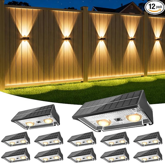 NIORSUN Solar Fence Lights Outdoor, 12 Pack Up and Down Waterproof Solar Wall Lights, Warm & Cool White + RGB, Fence Lights with Lens, Dusk to Dawn Lighting for Patio, Backyard, Pool, Railing (Black)